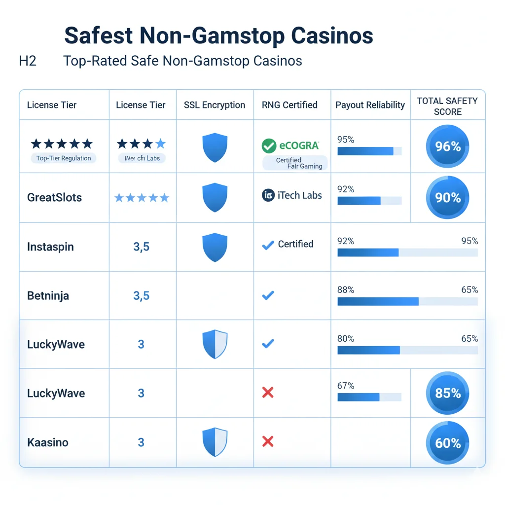 Casino security scoring matrix with license tiers, SSL encryption, RNG certification and total safety scores