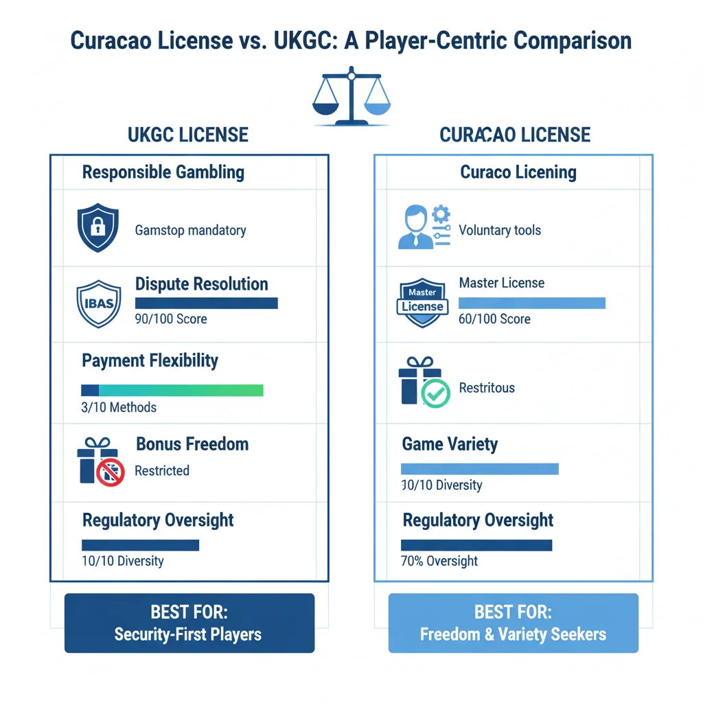 Curacao versus UKGC license comparison showing responsible gambling, dispute resolution, payment flexibility and game variety differences