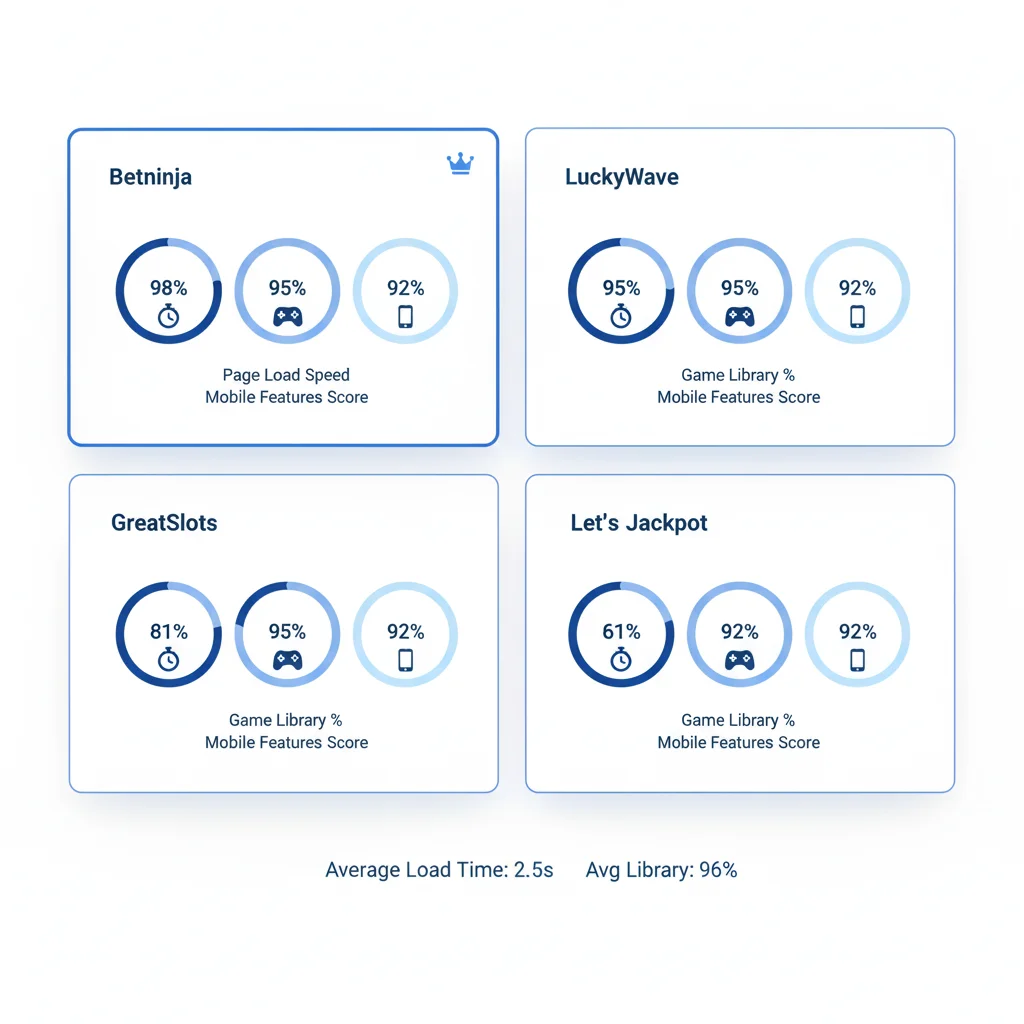 Mobile casino performance scorecard displaying page load speed, game library size and mobile features ratings
