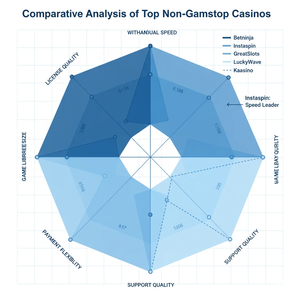 Six-axis radar chart comparing withdrawal speed, license quality, mobile experience and game variety across top casinos